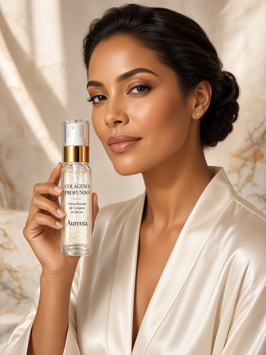 Mujer dominicana de piel luminosa sosteniendo el sérum Aurenia Colágeno Profundo