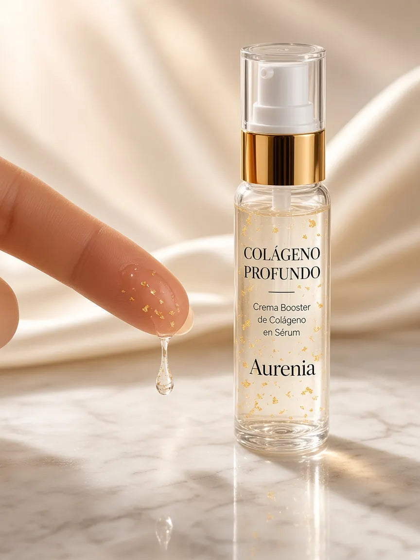Gota de gel con hojuelas de oro junto al frasco Aurenia