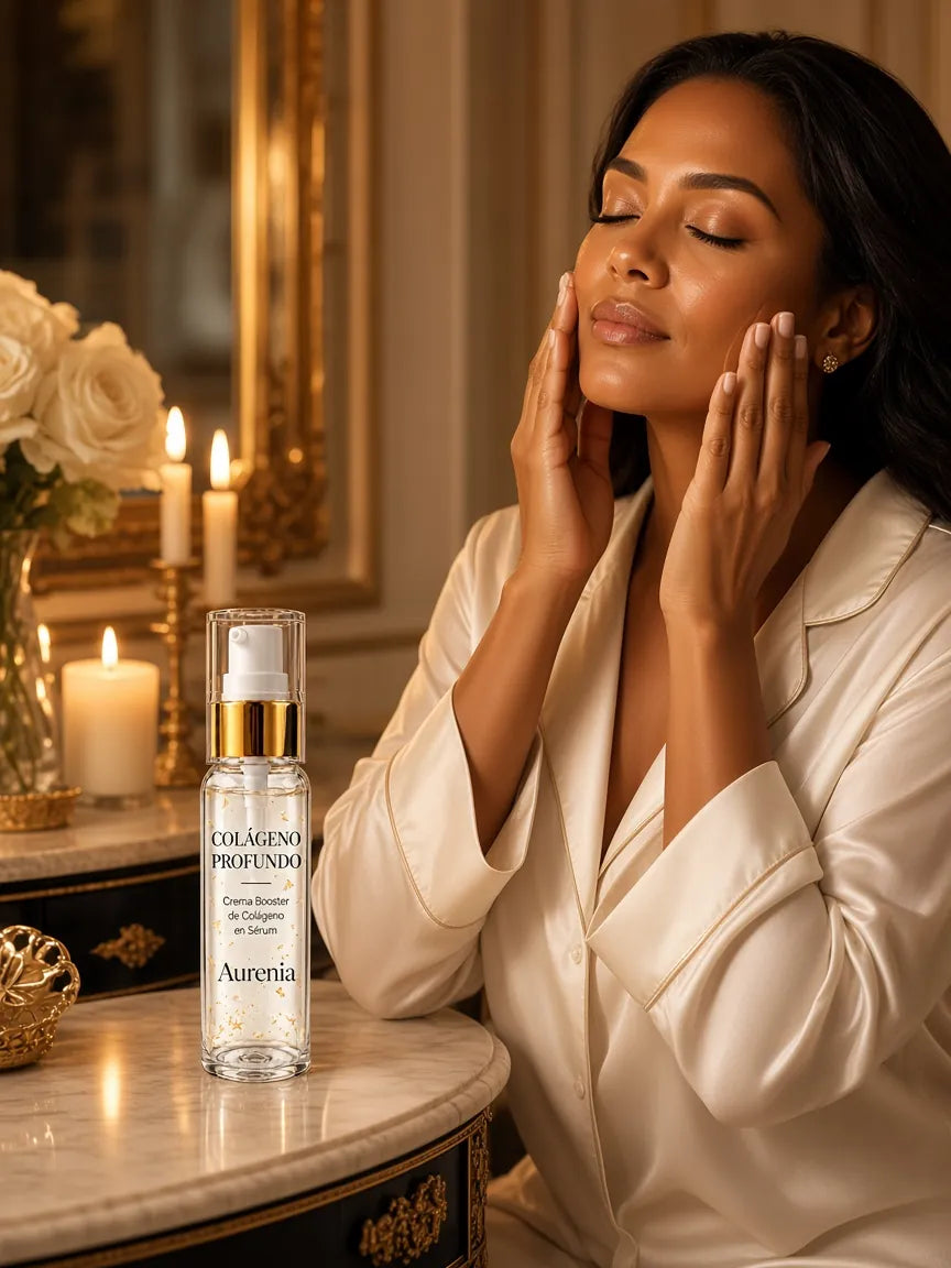 Mujer aplicando el sérum Aurenia en su ritual de noche